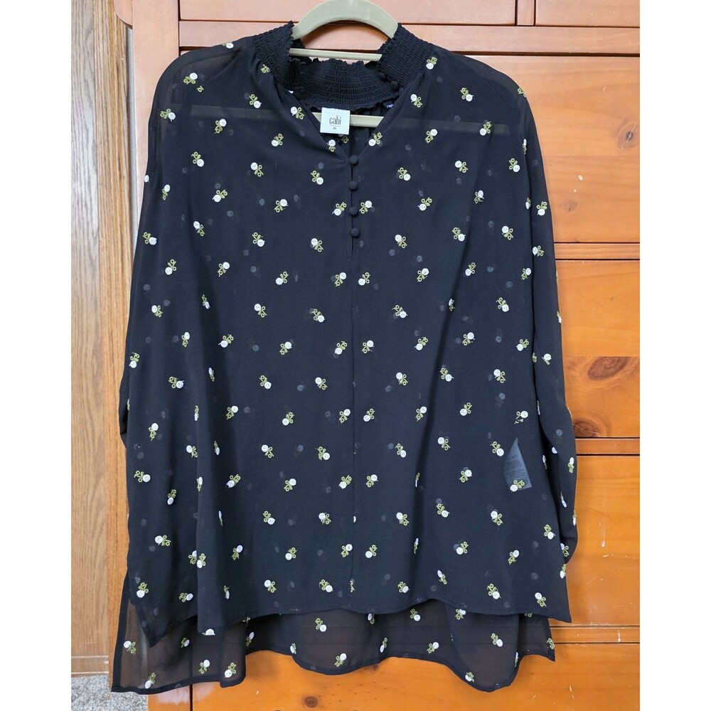 Cabi Size Medium Blouse Long Sleeve  Black Sheer Embroidered Flowers Flowy